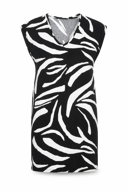 Marks & Spencer Womens Black Geometric Viscose T-Shirt Dress Size 14 V-Neck Pullover