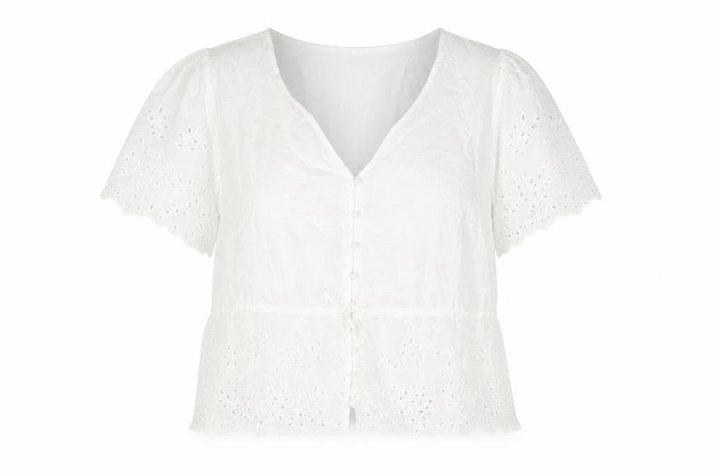 Marks & Spencer Womens White Cotton Basic Blouse Size 24 V-Neck - Peplum Drawstring Lace Detail