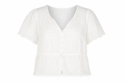 Marks and Spencer Womens White Cotton Basic Blouse Size 24 V-Neck - Peplum Drawstring Lace Detail