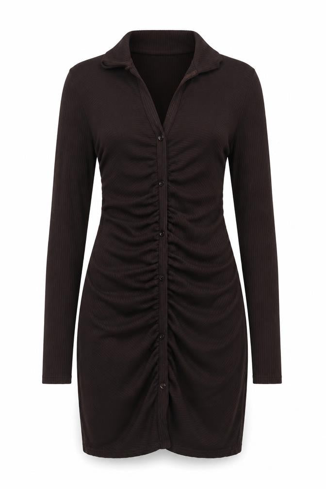 Pink Vanilla Womens Brown Polyester Bodycon Size 8 Collared Pullover - Rouched Ribbed Button Detail