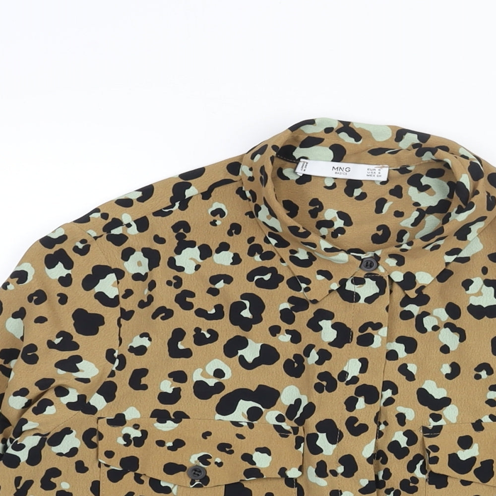 Mango Womens Brown Animal Print Polyester Basic Button-Up Size S Collared - Leopard Print