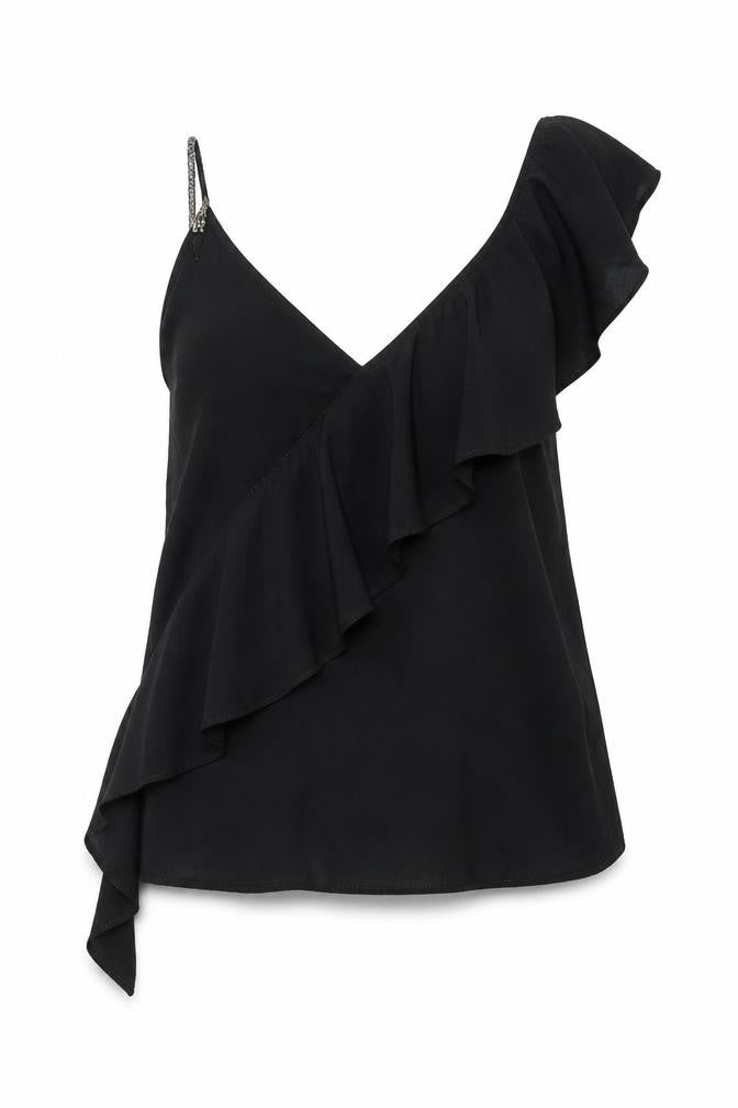 NEXT Womens Black Viscose Basic Blouse Size 10 V-Neck - Frill Asymmetric Glitter Strap