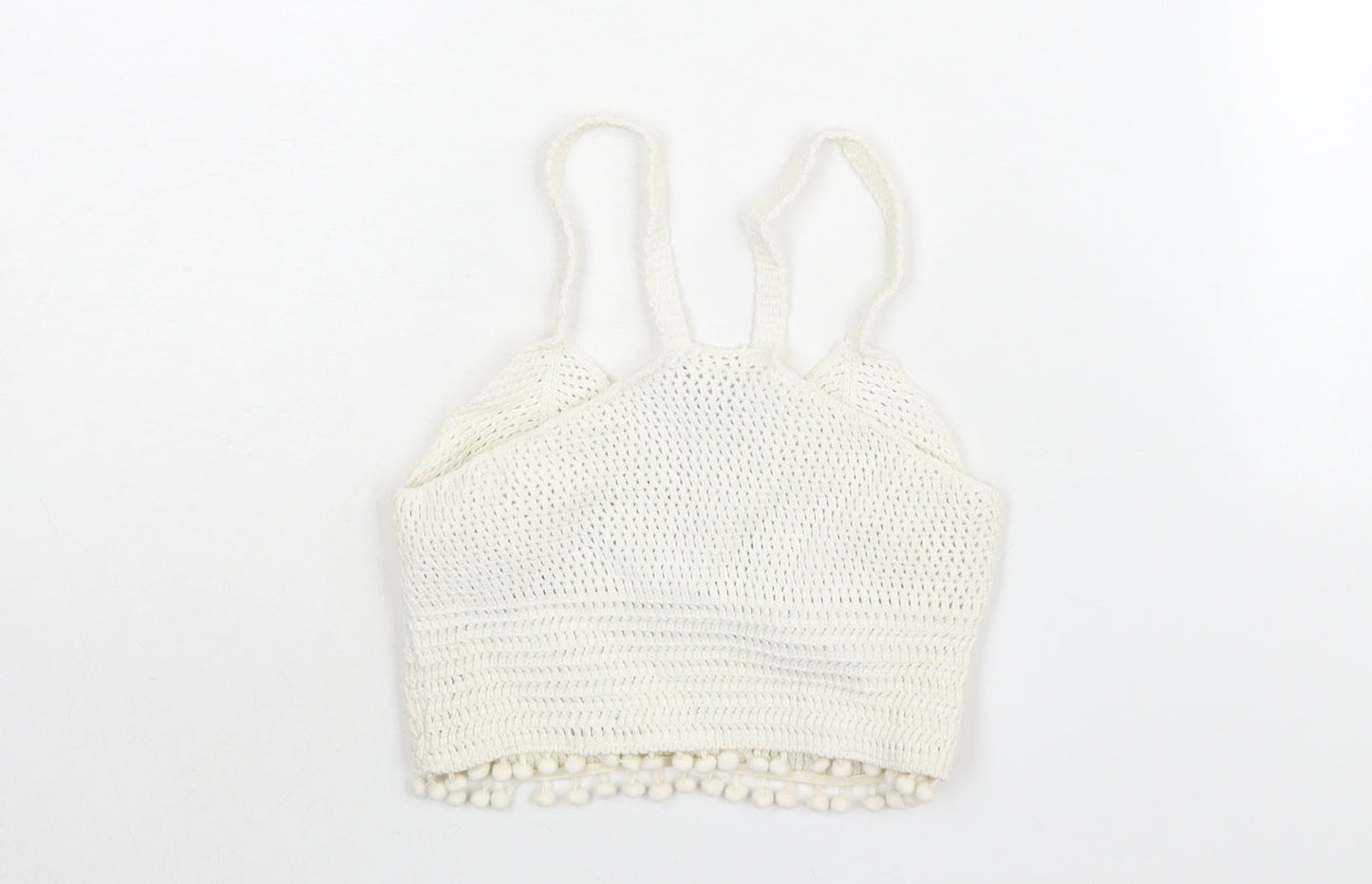River Island Womens Ivory V-Neck Polyamide Vest Jumper Size 8 - Pom Pom Trim