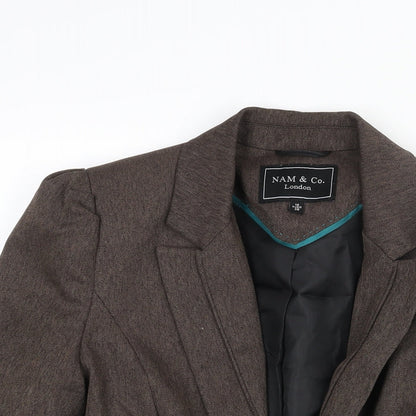 Close-up detail of NAM & Co women’s brown herringbone polyester jacket suit jacket, size UK 10