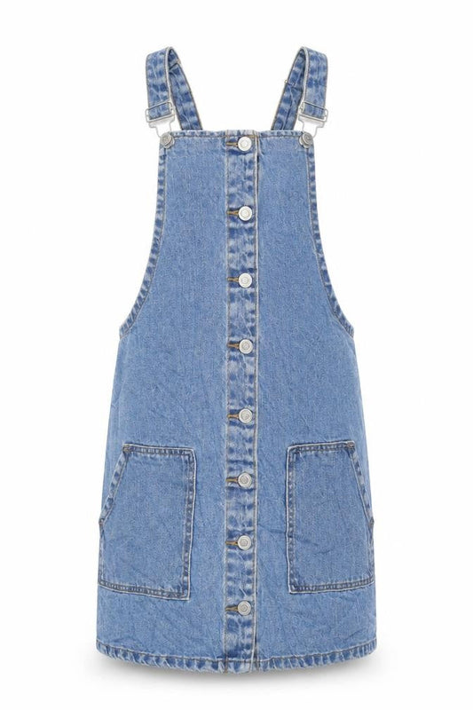 Denim & Co. Womens Blue Cotton Pinafore/Dungaree Dress Size 8 Square Neck Snap