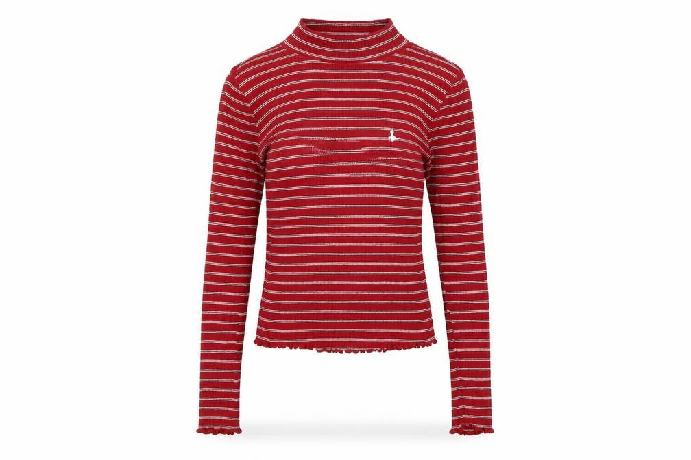 Jack Wills Womens Red Striped Cotton Basic T-Shirt Size 6 High Neck