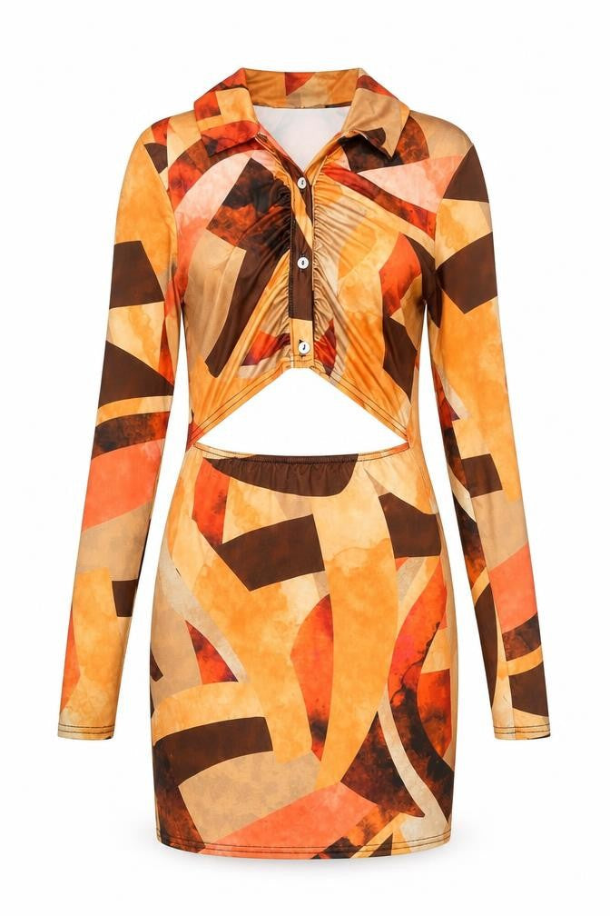 PRETTYLITTLETHING Womens Orange Geometric Polyester Mini Size 10 Collared Button