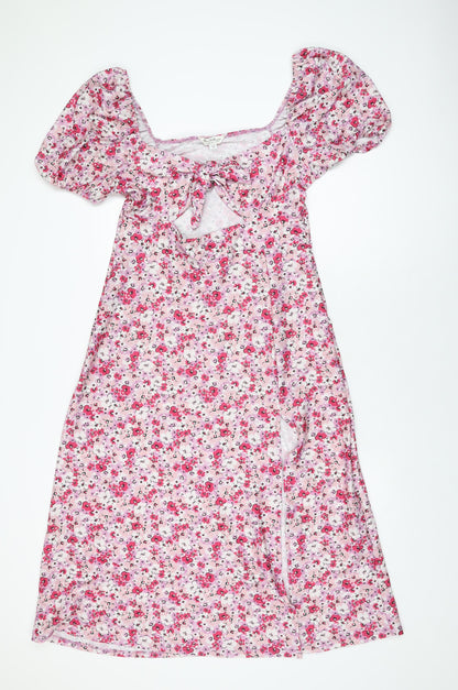 Additional front view of Miss Selfridge women’s pink floral polyester a-line, size UK 16, sweetheart pullover
