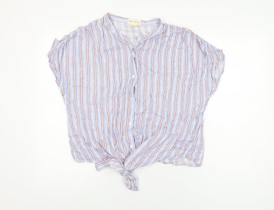 Madison & Monroe Womens Blue Striped Viscose Basic Button-Up Size L Round Neck