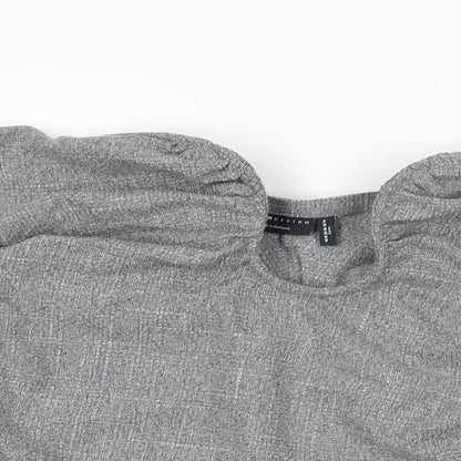 Close-up detail of ASOS women’s grey viscose basic t-shirt, size UK 18, off the shoulder