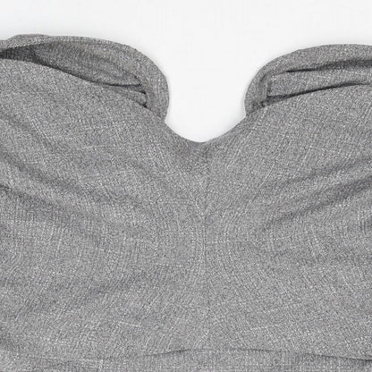 Brand and care label for ASOS women’s grey viscose basic t-shirt, size UK 18, off the shoulder