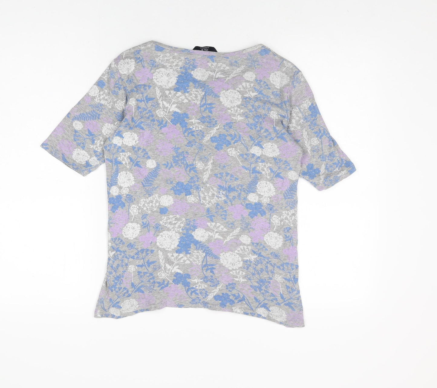 Isle Womens Grey Floral Cotton Basic T-Shirt Size S Round Neck