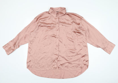 Zara Womens Pink Polyester Basic Button-Up Size L Collared