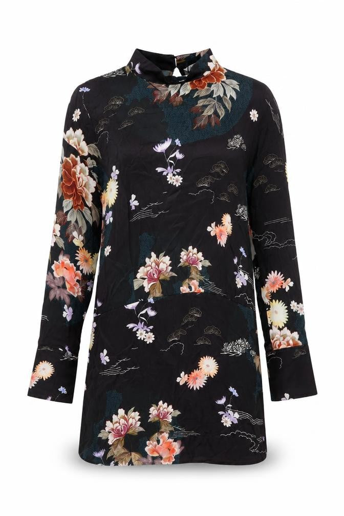 Zara Womens Black Floral Viscose Mini Size M High Neck Button