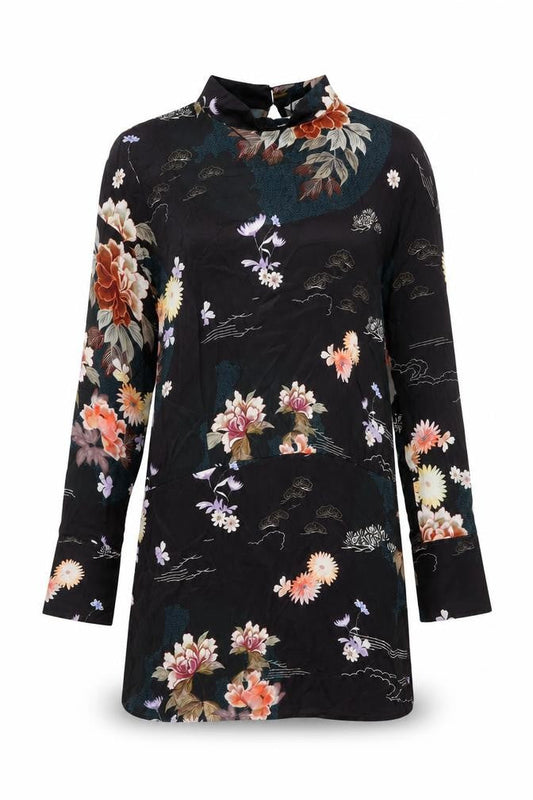 Zara Womens Black Floral Viscose Mini Size M High Neck Button