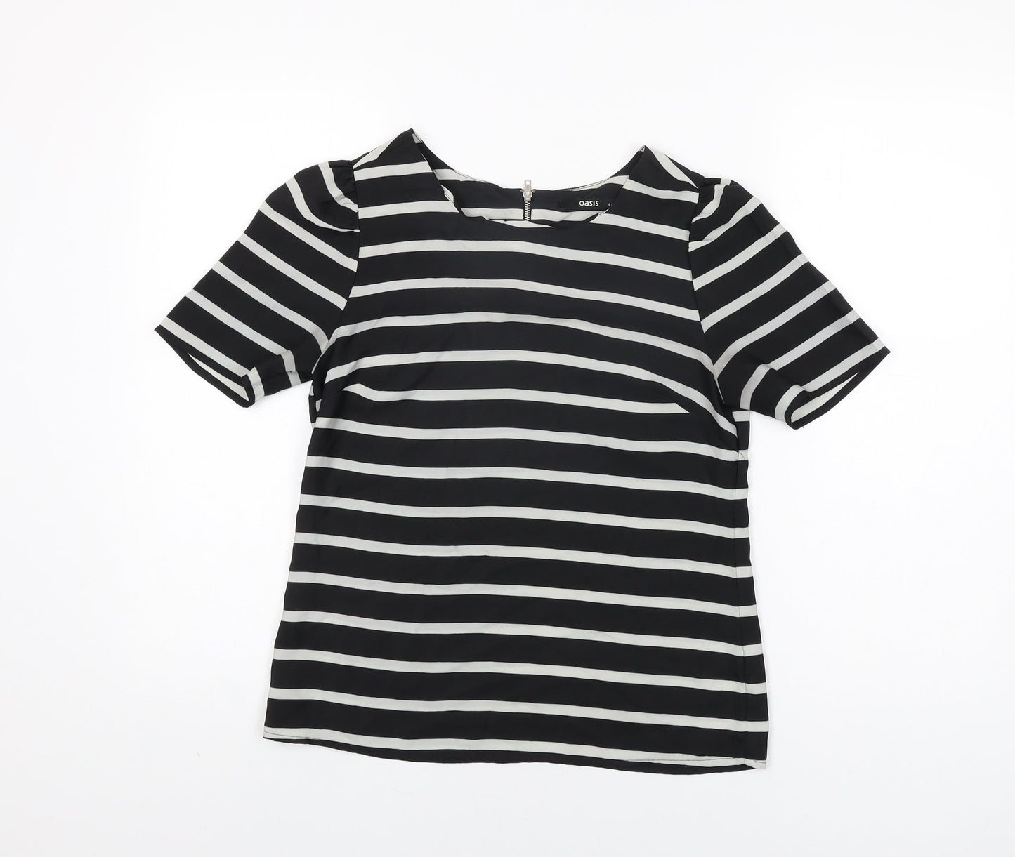 Oasis Womens Black Striped Polyester Basic T-Shirt Size 8 Round Neck