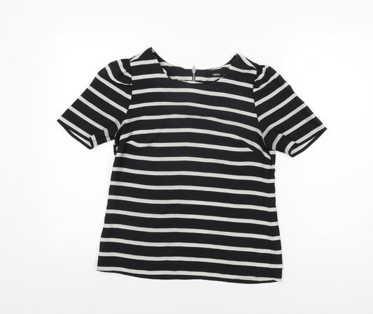 Oasis Womens Black Striped Polyester Basic T-Shirt Size 8 Round Neck