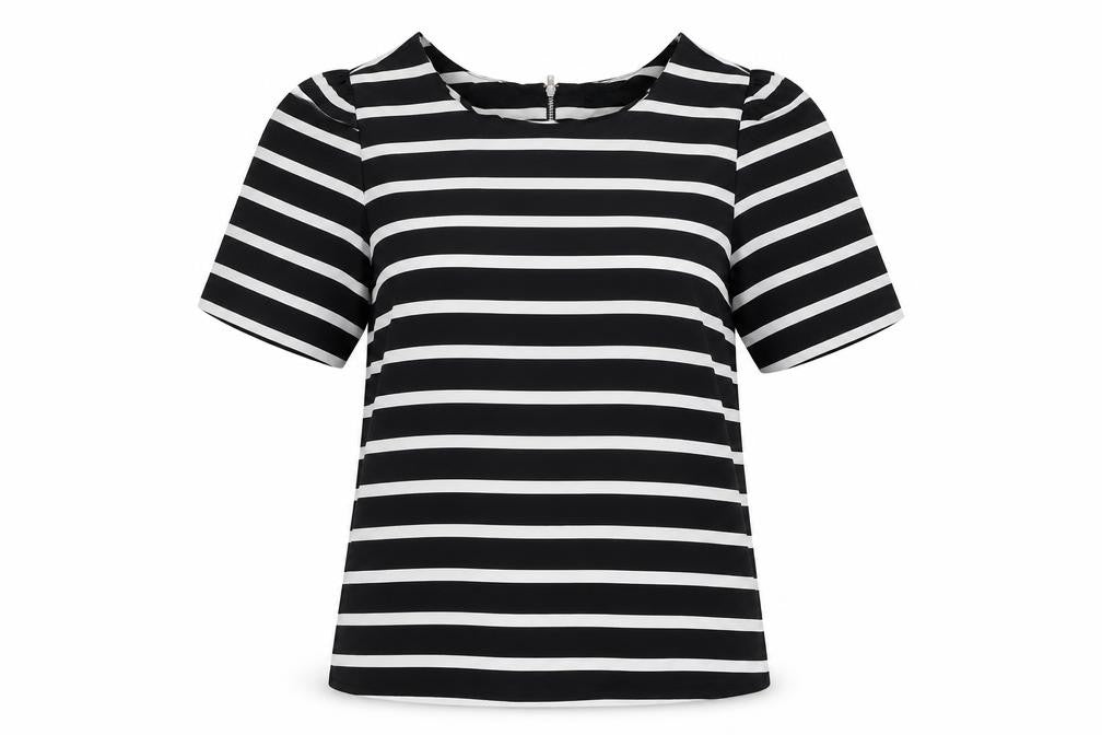 Oasis Womens Black Striped Polyester Basic T-Shirt Size 8 Round Neck