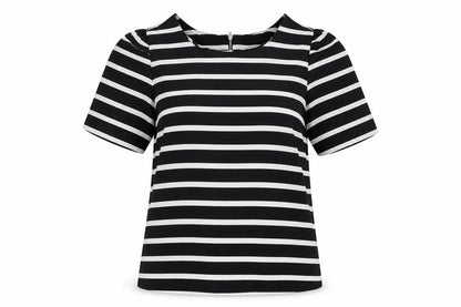 Oasis Womens Black Striped Polyester Basic T-Shirt Size 8 Round Neck