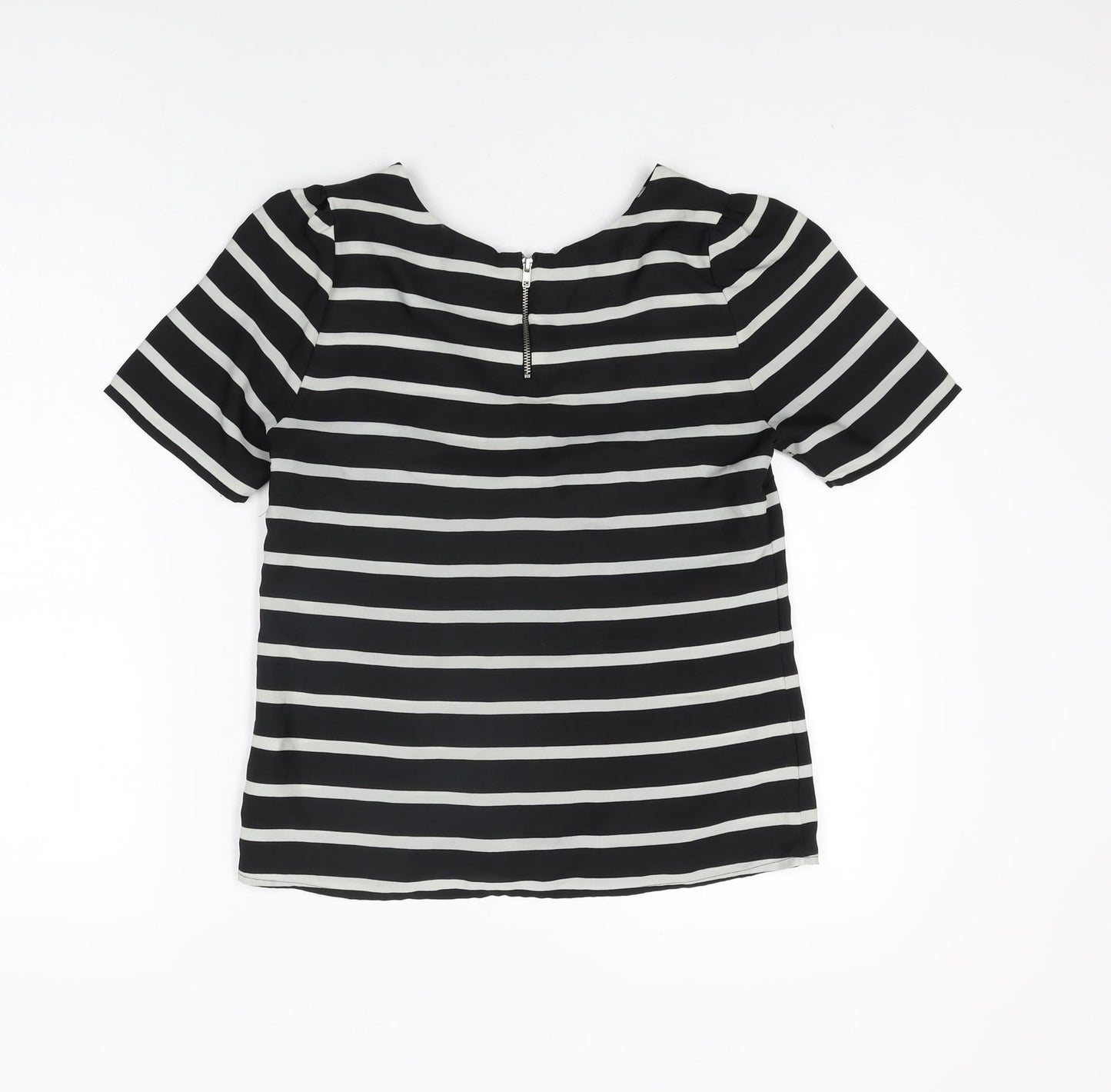 Oasis Womens Black Striped Polyester Basic T-Shirt Size 8 Round Neck