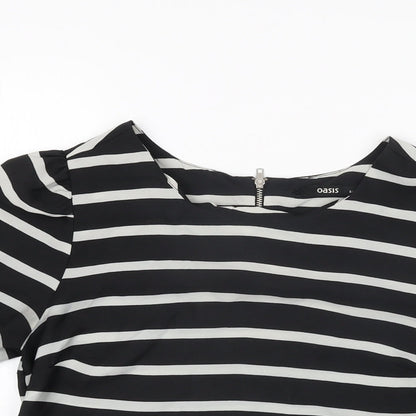 Oasis Womens Black Striped Polyester Basic T-Shirt Size 8 Round Neck