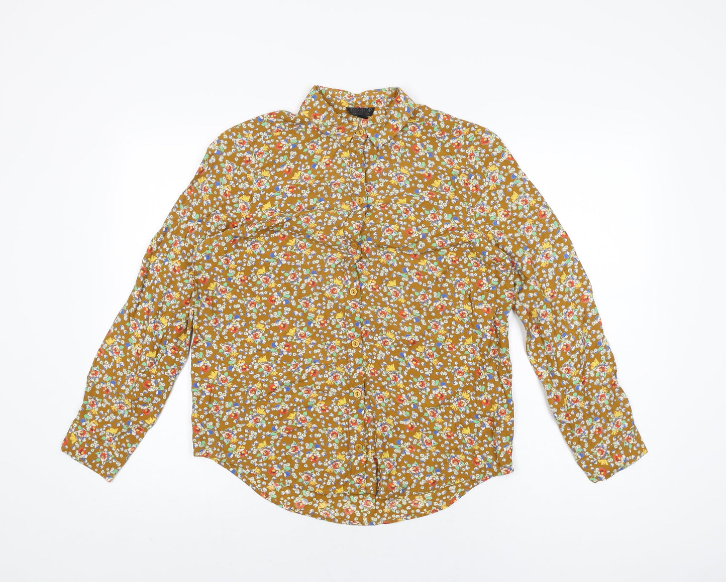 Topshop Womens Brown Floral Viscose Basic Button-Up Size 8 Collared