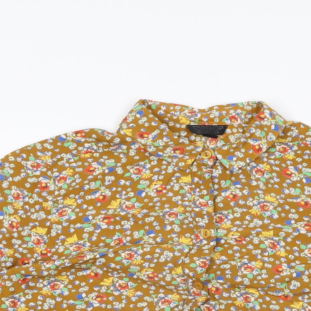Topshop Womens Brown Floral Viscose Basic Button-Up Size 8 Collared