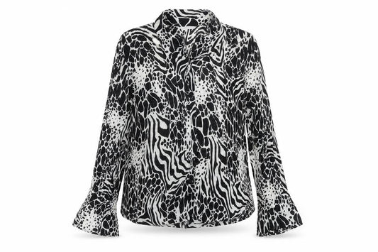 Marks and Spencer Womens Black Geometric Polyester Basic Button-Up Size 14 Collared