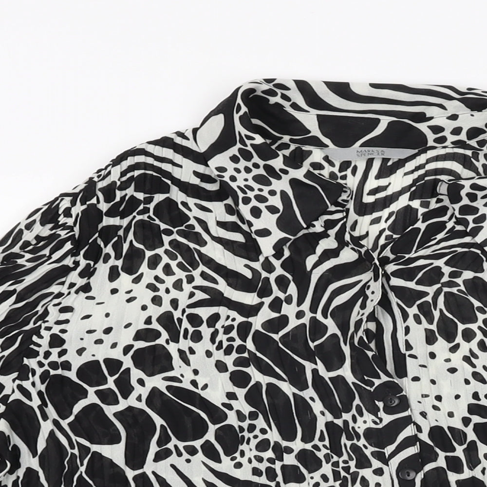 Marks and Spencer Womens Black Geometric Polyester Basic Button-Up Size 14 Collared