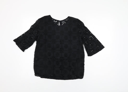 NEXT Womens Black Floral Cotton Basic T-Shirt Size 8 Round Neck