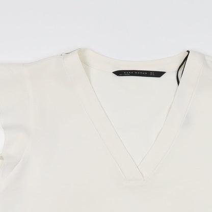 Zara Womens White Polyester Basic T-Shirt Size S V-Neck