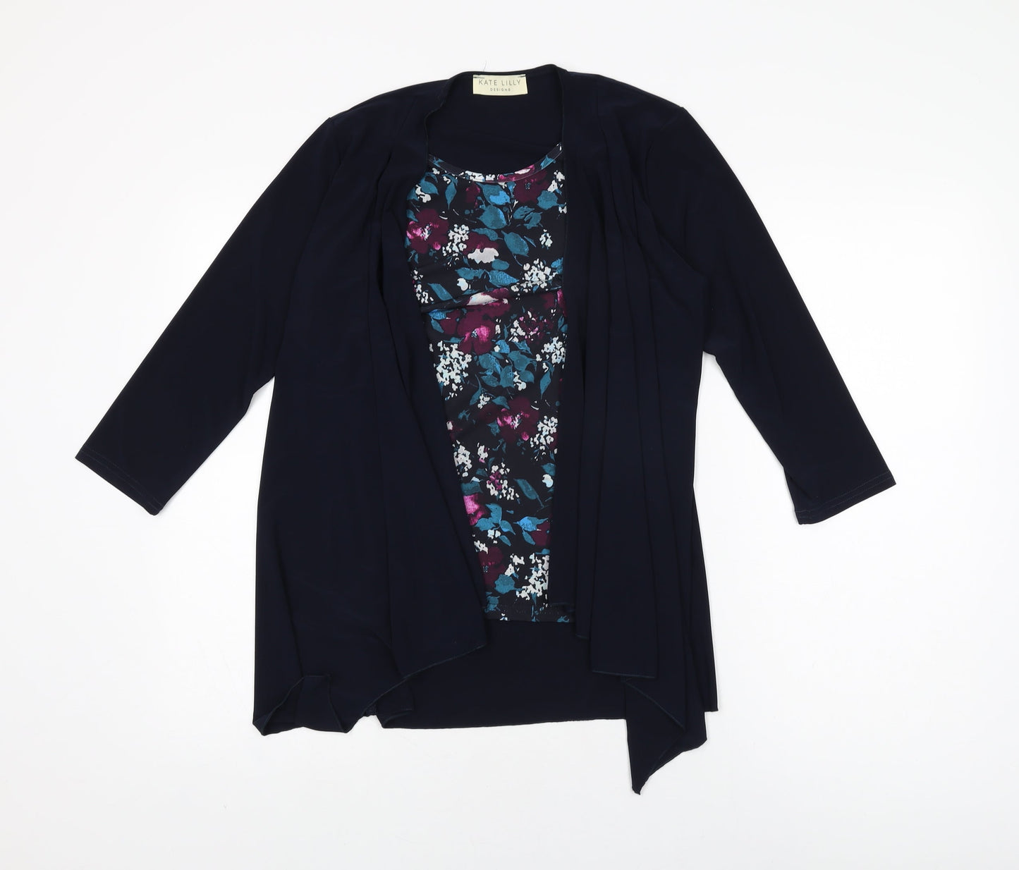 Kate Lilly Womens Blue Floral Polyester Basic T-Shirt Size 10 Round Neck