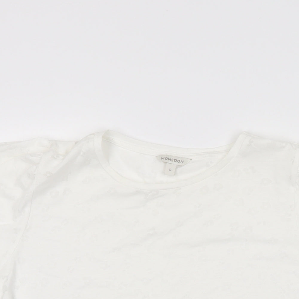 Monsoon Womens White Geometric Polyester Basic T-Shirt Size S Round Neck