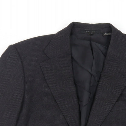 Zara Man Mens Black Plaid Wool Jacket Blazer Size 36 Regular