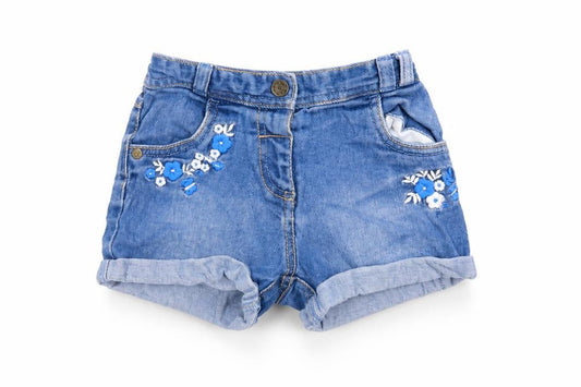 George Girls Blue Cotton Hot Pants Shorts Size 3-4 Years Regular Snap - Embroidered Flowers