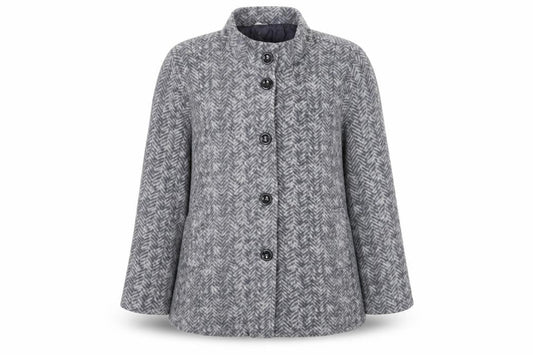 Front view of Anne de Lancay women’s grey geometric jacket blazer, size L, button
