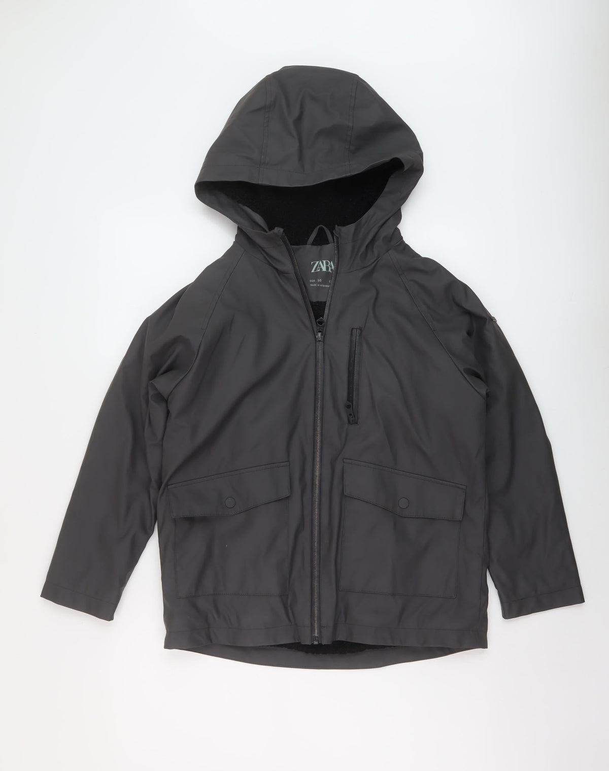 Additional front view of Zara boys’ grey rain coat coat, size 10, years zip