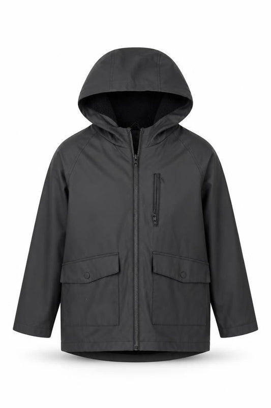 Front view of Zara boys’ grey rain coat coat, size 10, years zip