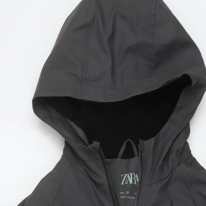 Close-up detail of Zara boys’ grey rain coat coat, size 10, years zip