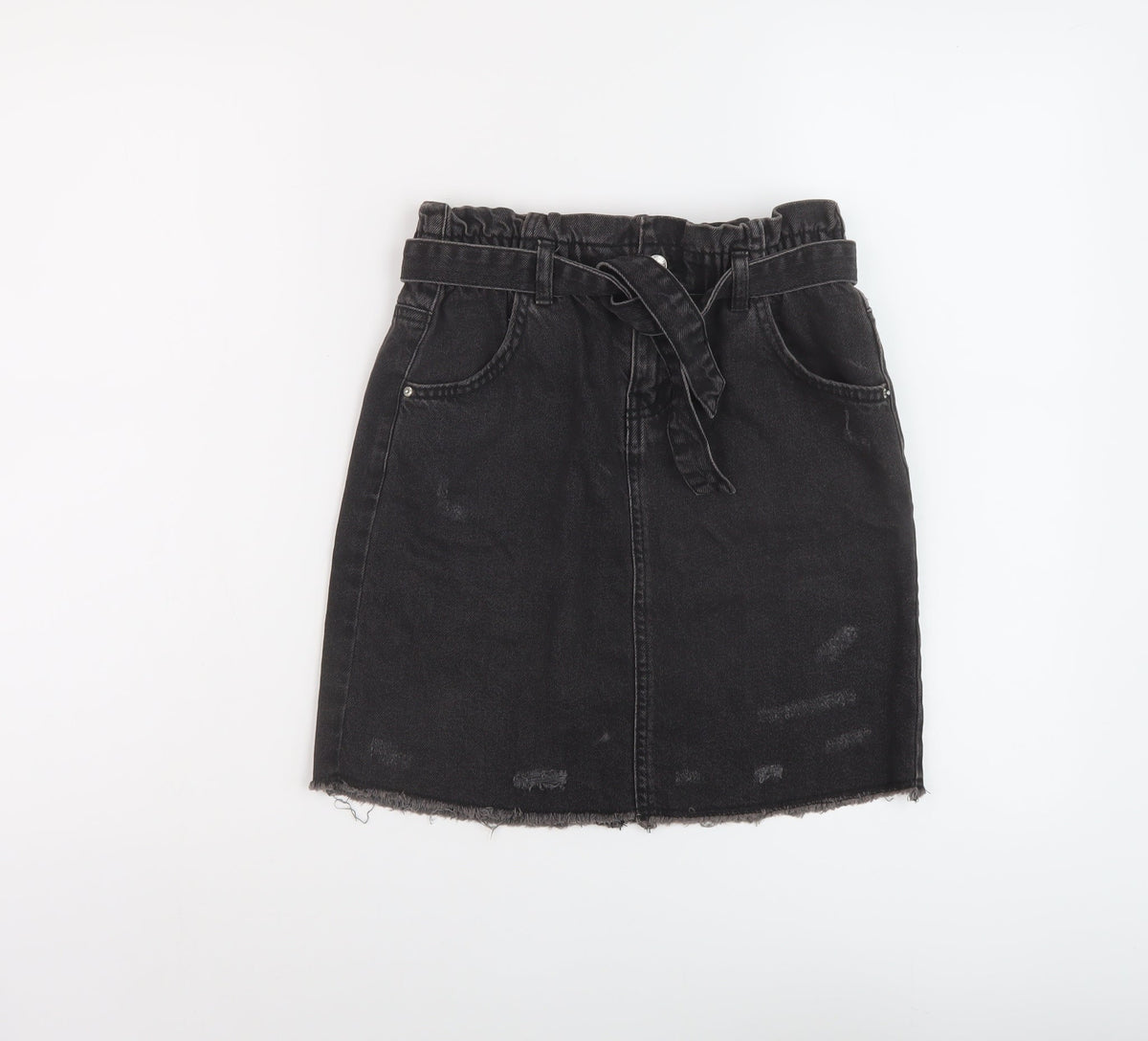 Additional front view of Denim & Co. girls’ grey cotton a-line skirt, size 12-13, years regular button