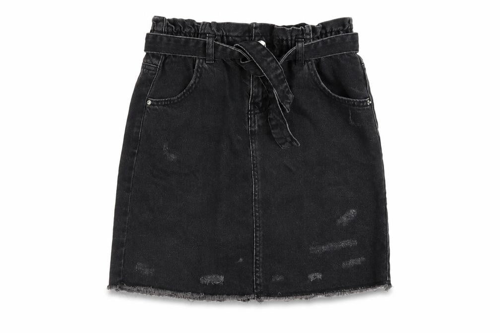 Front view of Denim & Co. girls’ grey cotton a-line skirt, size 12-13, years regular button