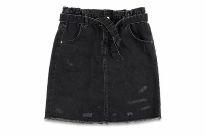 Front view of Denim & Co. girls’ grey cotton a-line skirt, size 12-13, years regular button