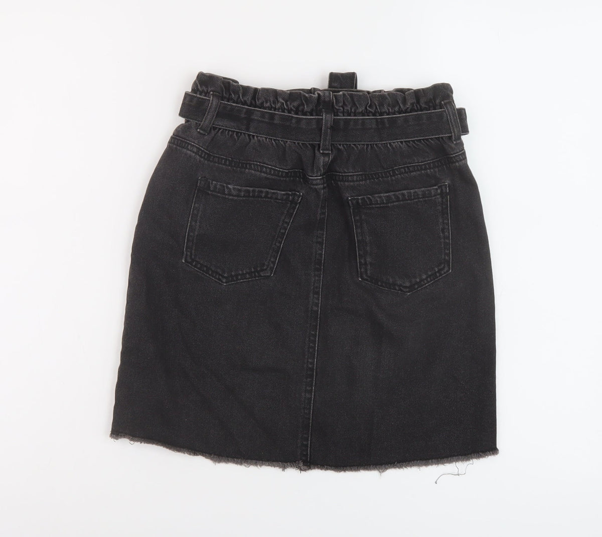 Back view of Denim & Co. girls’ grey cotton a-line skirt, size 12-13, years regular button