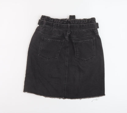 Back view of Denim & Co. girls’ grey cotton a-line skirt, size 12-13, years regular button