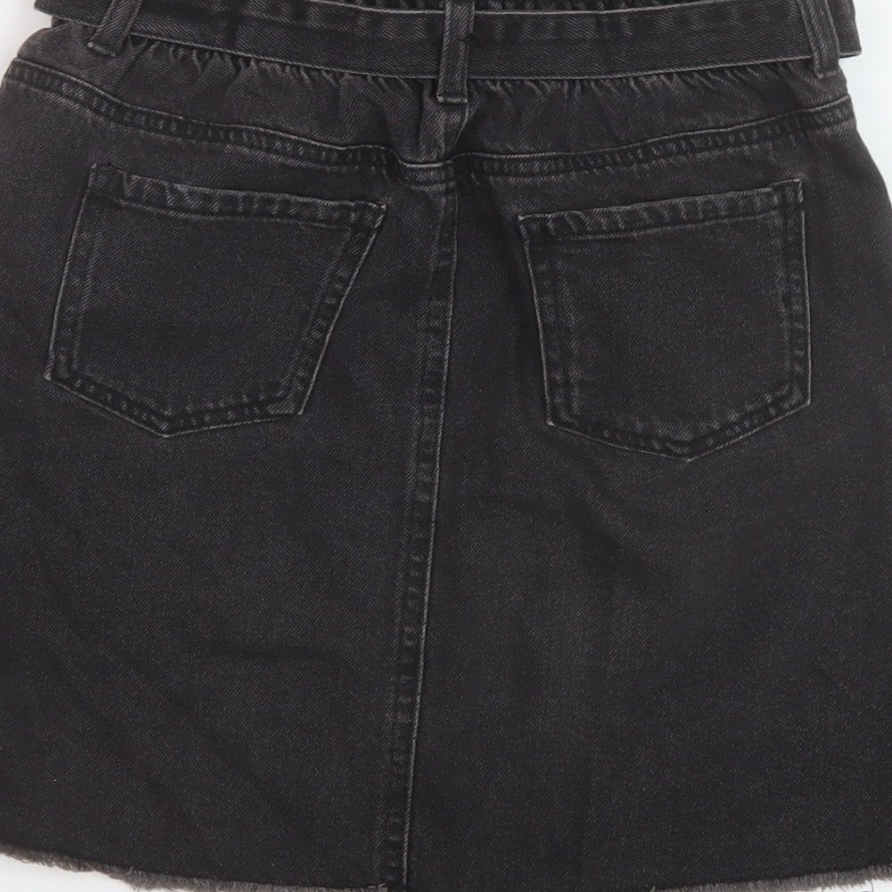 Brand and care label for Denim & Co. girls’ grey cotton a-line skirt, size 12-13, years regular button