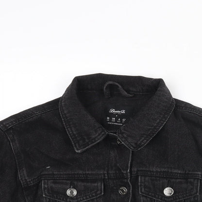 Close-up detail of Denim & Co. women’s black jacket, size UK 10, button - distressed