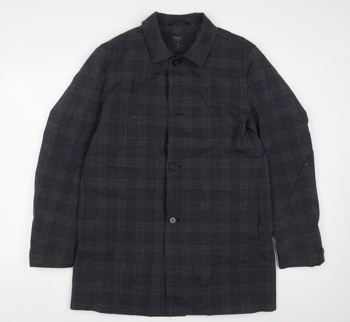 Marks and Spencer Mens Grey Plaid Jacket Coat Size M Button - Pockets