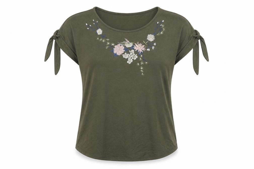 M&Co Womens Green Modal Basic T-Shirt Size 14 Round Neck - Flowers