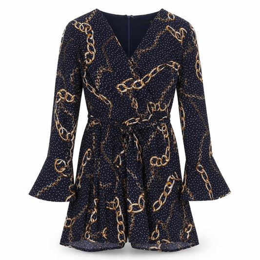 Front view of In the Style women’s blue polka dot polyester a-line, size UK 10, v-neck zip - chain detail