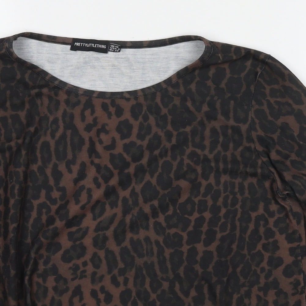 PRETTYLITTLETHING Womens Black Animal Print Polyester Basic T-Shirt Size 10 Round Neck - Leopard Print